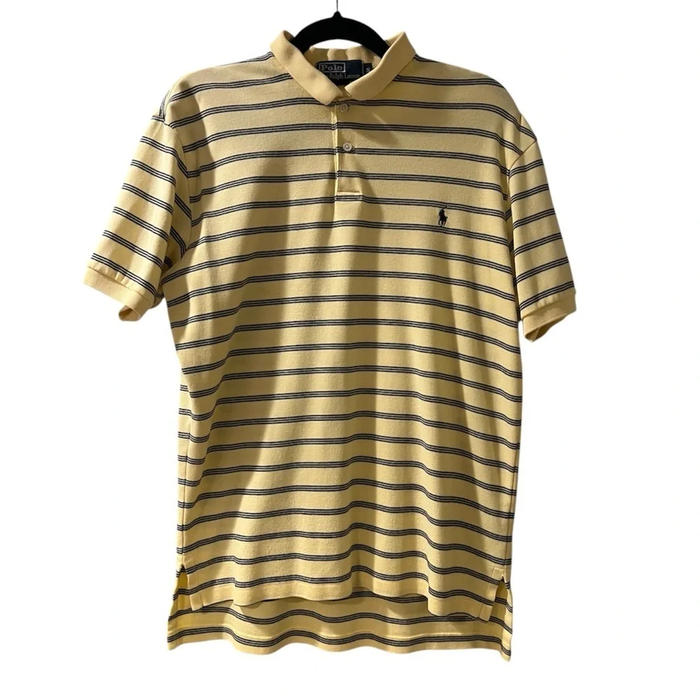 Vintage 100% Cotton Polo Ralph Lauren Yellow Polo Shirt with Blue Stripes- Sz S